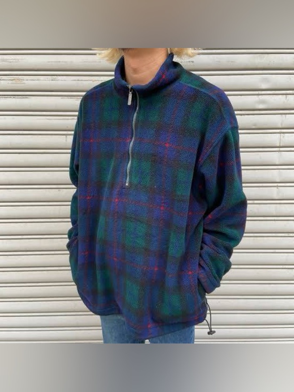Vintage Eddie Bauer Green & Navy Plaid Half-Zip Fleece Pullover